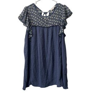 Suzanne Betro Size Large Tunic Top Shirt Blue Flutter Sleeve Knit Textured Boho‎